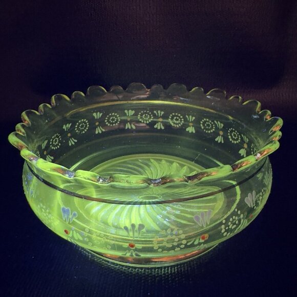 Antique Enameled Paint Large Glass Bowl Dish Gold Painted Edge Manganese 365nm - Picture 5 of 16